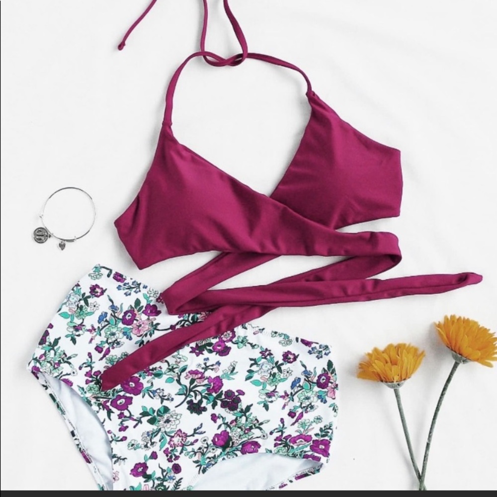 Magenta Crisscross Top with Floral Bottoms Bikini